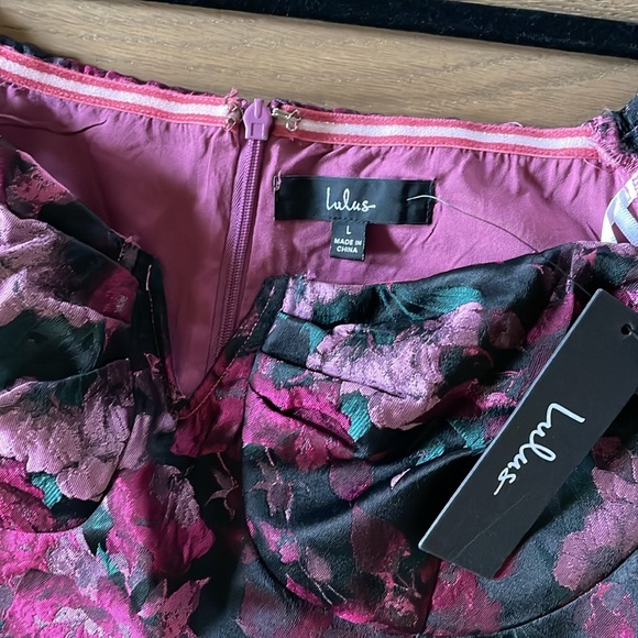 Lulus New Glam Black Floral Jacquard Bustier Off-the-Shoulder Jumpsuit Sz Large - Picture 11 of 14